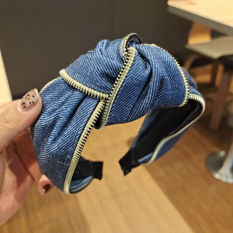 Wholesale Denim Wide Brim Fabric Zipper Headband